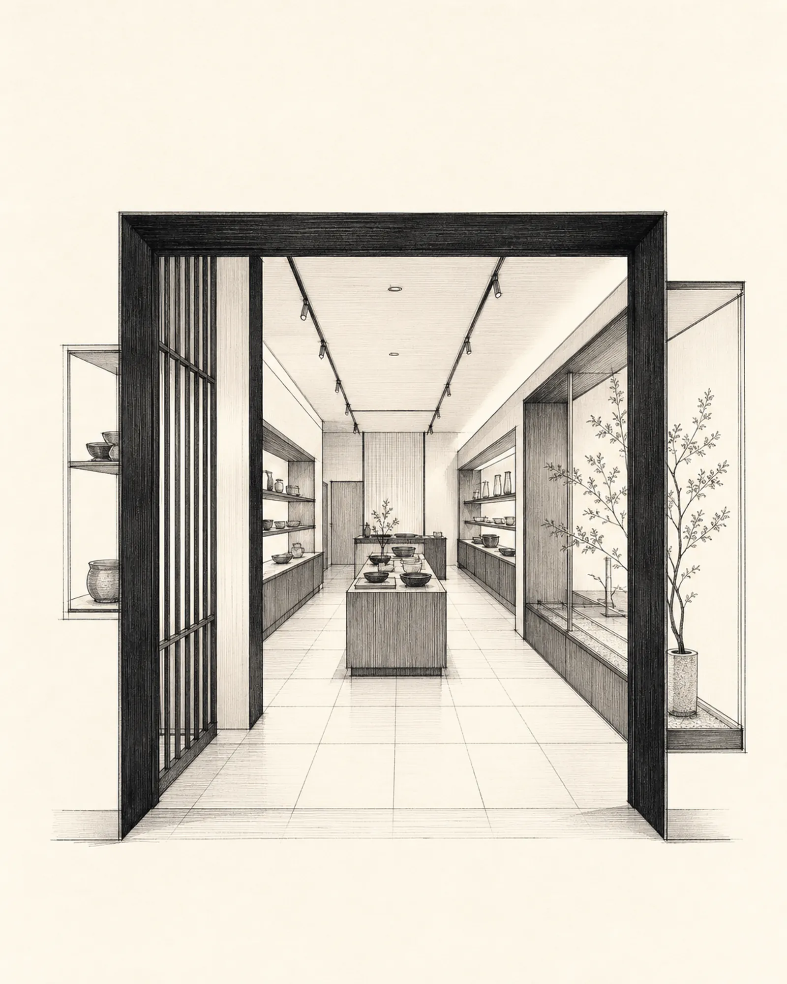 店舗内装を描いたモノクロの完成イメージ図